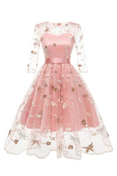 A-linie Rosa Rockabilly Kleid mit quadratischem Ausschnitt und halben Ärmeln